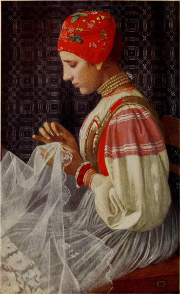 THE BRIDAL VEIL by Marianne Stokes Art Nouveau (Modern) Art dated 1909