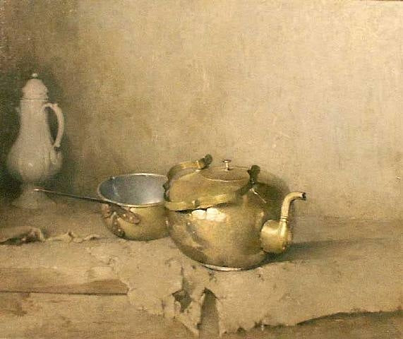 Brass Kettle with Porcelain Coffee Pot by Emil Carlsen Realism Art dated 1910