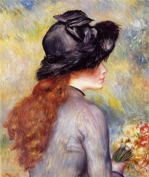 Young Girl Holding at Bouquet of Tulips by Pierre-Auguste Renoir Impressionism Art dated 1878