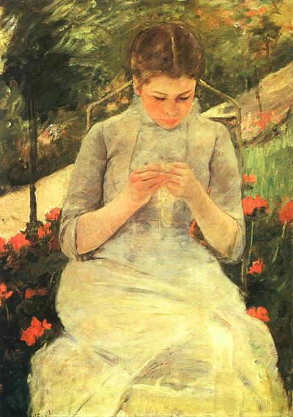 Young Woman Sewing in the garden by Mary Cassatt Impressionism Art dated 1882