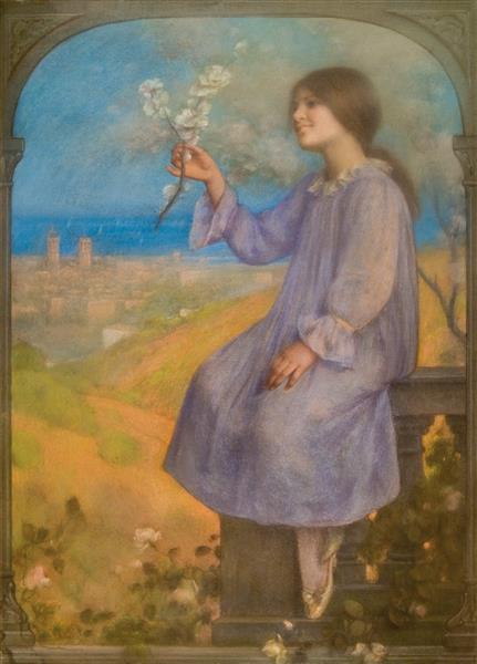 Girl Sitting With Landscape In The Background by Joan Brull Art Nouveau (Modern) Art