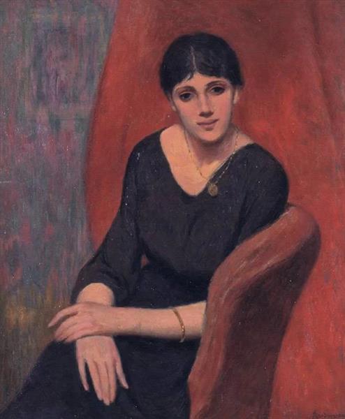 The woman in black on a red background by Federico Zandomeneghi Impressionism Art dated 1914