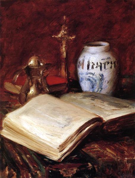 The Old Book by William Merritt Chase Impressionism Art dated 1916