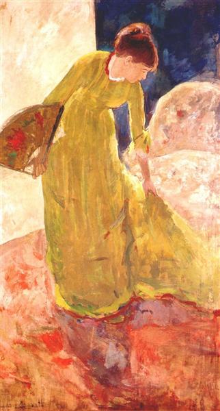 Woman Standing, Holding a Fan by Mary Cassatt Impressionism Art dated 1879