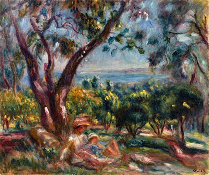 Cagnes Landscape with Woman and Child by Pierre-Auguste Renoir Impressionism Art dated 1910