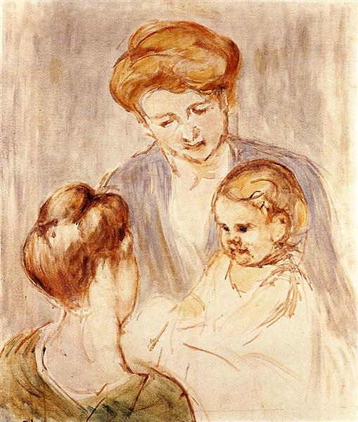 A Baby Smiling at Two Young Women by Mary Cassatt Impressionism Art dated 1873