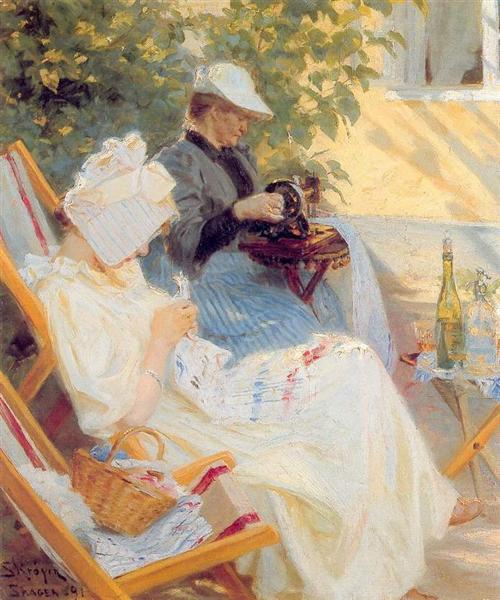 Marie and Her Mother in the Garden by Peder Severin Kroyer Impressionism Art dated 1891