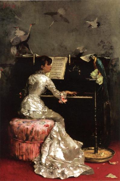 Young Woman at Piano by Julius LeBlanc Stewart Realism Art dated 1878