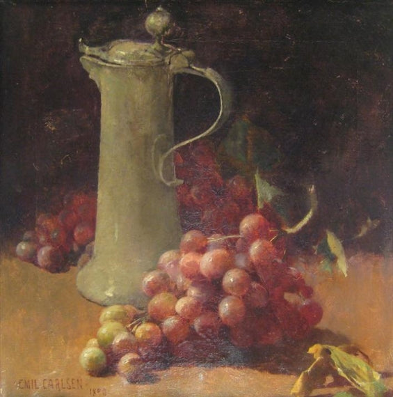 Still life with grapes &amp; pewter flagon by Emil Carlsen Realism Art dated 1890