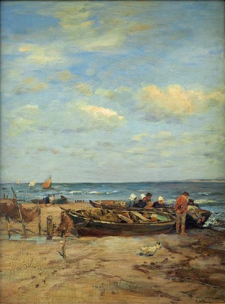 Fishermen with their boats by Hugo M&#252;hlig Impressionism Art