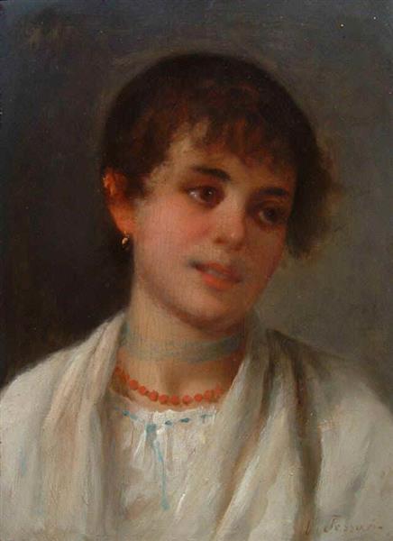 Young peasant woman with red necklace by Vittorio Tessari Naturalism Art dated 1890