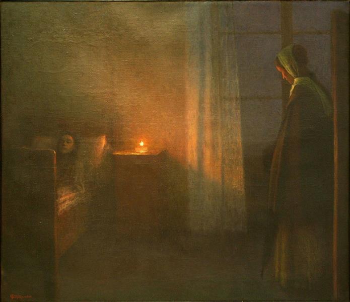 By the Girl&#39;s Bed by Jakub Schikaneder Realism Art dated 1910