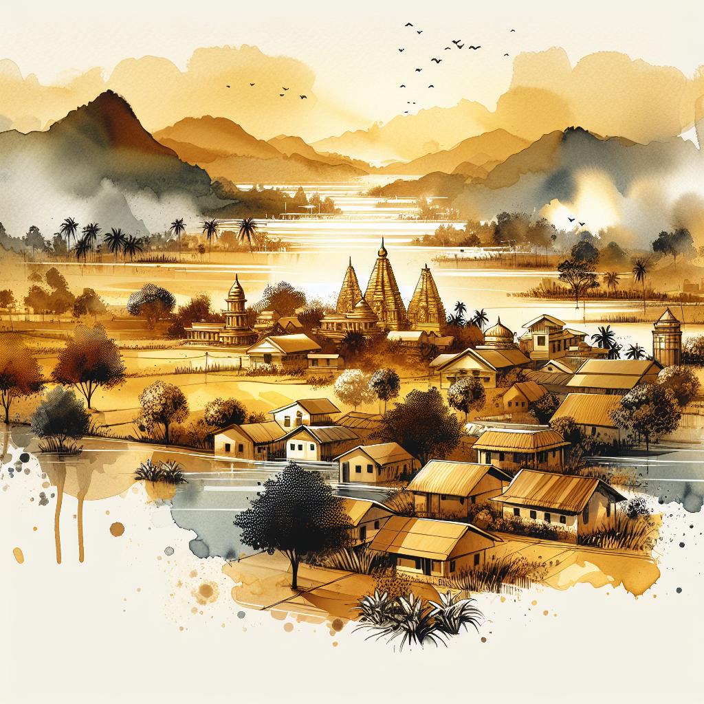 Aureate Prakriti Natura: Modern Watercolor Landscape of Indian Villages