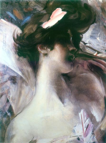 Young woman&#39;s head on a pink background by Giovanni Boldini Kitsch Art dated 1912