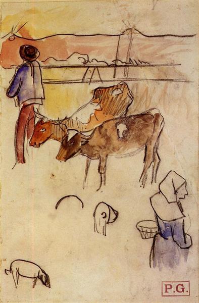 Bretons and cows by Paul Gauguin Post-Impressionism Art dated 1889