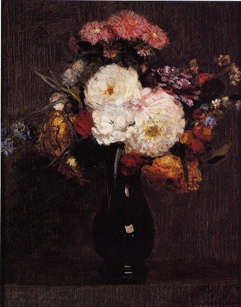 Dahlias, Queens Daisies, Roses and Corn Flowers by Henri Fantin-Latour Realism Art dated 1861