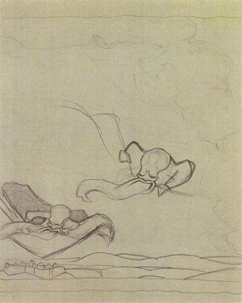 Study to &quot;Flying Carpet&quot; by Nicholas Roerich Art Nouveau (Modern) Art dated 1915