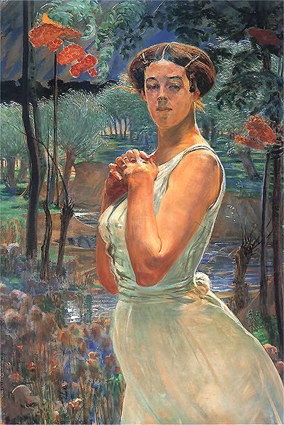 A woman in a grove by Jacek Malczewski Art Nouveau (Modern) Art dated 1917