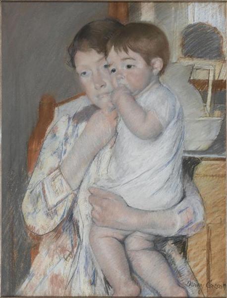 Woman&#160;and&#160;child&#160;in front of&#160;a&#160;shelf&#160;which&#160;are&#160;placed&#160;a jug&#160;and basin by Mary Cassatt Impressionism Art dated 1889