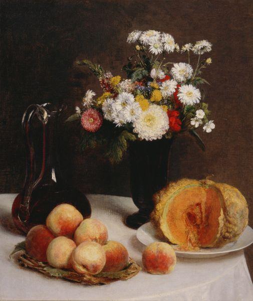 Still Life with a Carafe Flowers and Fruit by Henri Fantin-Latour Realism Art