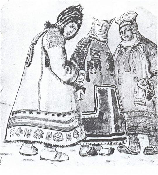 The scene with three figures in costumes by Nicholas Roerich Art Nouveau (Modern) Art dated 1920