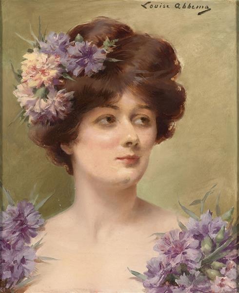 Portrait of a Woman with Mauve Flowers by Louise Abb&#233;ma dated 1927