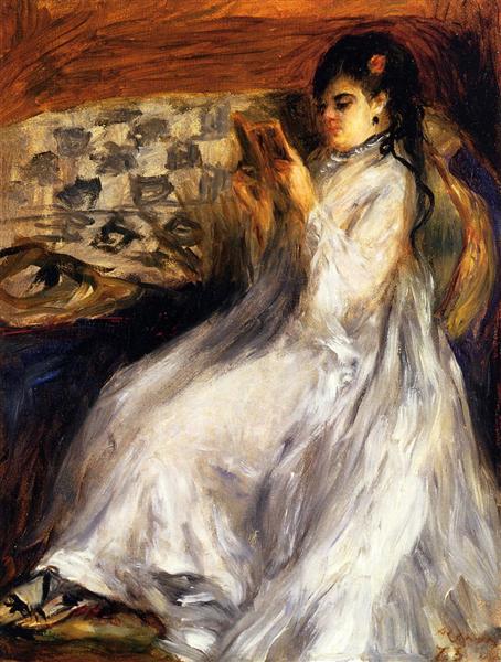 Young Woman in White Reading by Pierre-Auguste Renoir Impressionism Art dated 1873