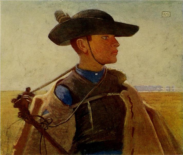 A Young Magyar Csik&#243;s on the Great Puszta of Hortob&#225;gyi by Marianne Stokes Art Nouveau (Modern) Art dated 1909