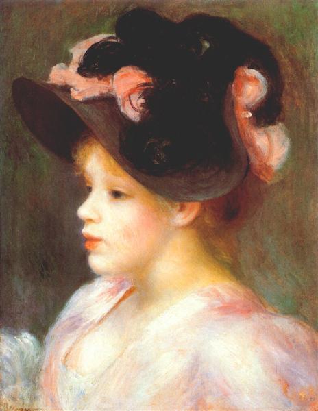 Girl with a pink and black hat by Pierre-Auguste Renoir Impressionism Art dated 1890