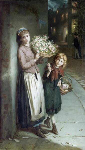 Flower Girls – a Summers Night by Augustus Edwin Mulready Naturalism Art dated 1885