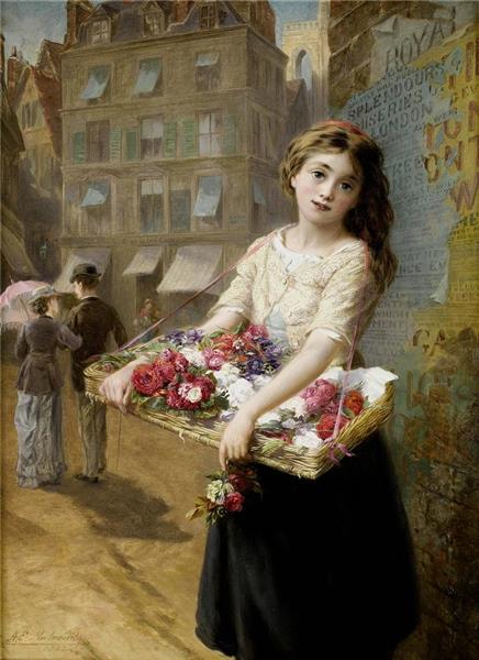 A girl selling roses by Augustus Edwin Mulready Naturalism Art dated 1882