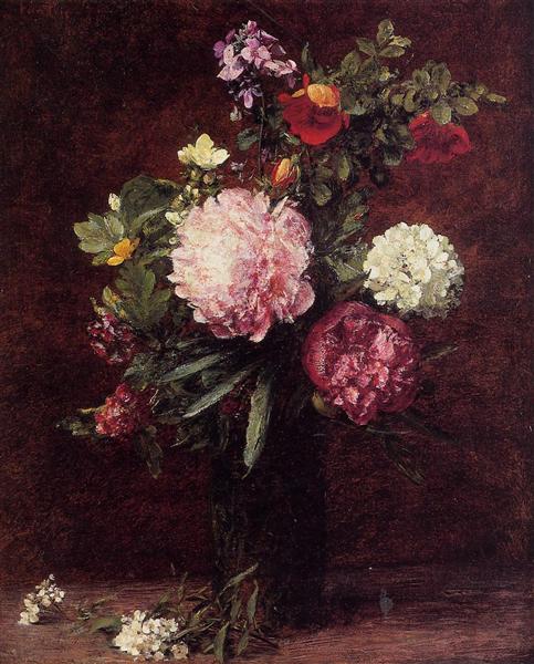 Flowers Large Bouquet with Three Peonies by Henri Fantin-Latour Realism Art dated 1879