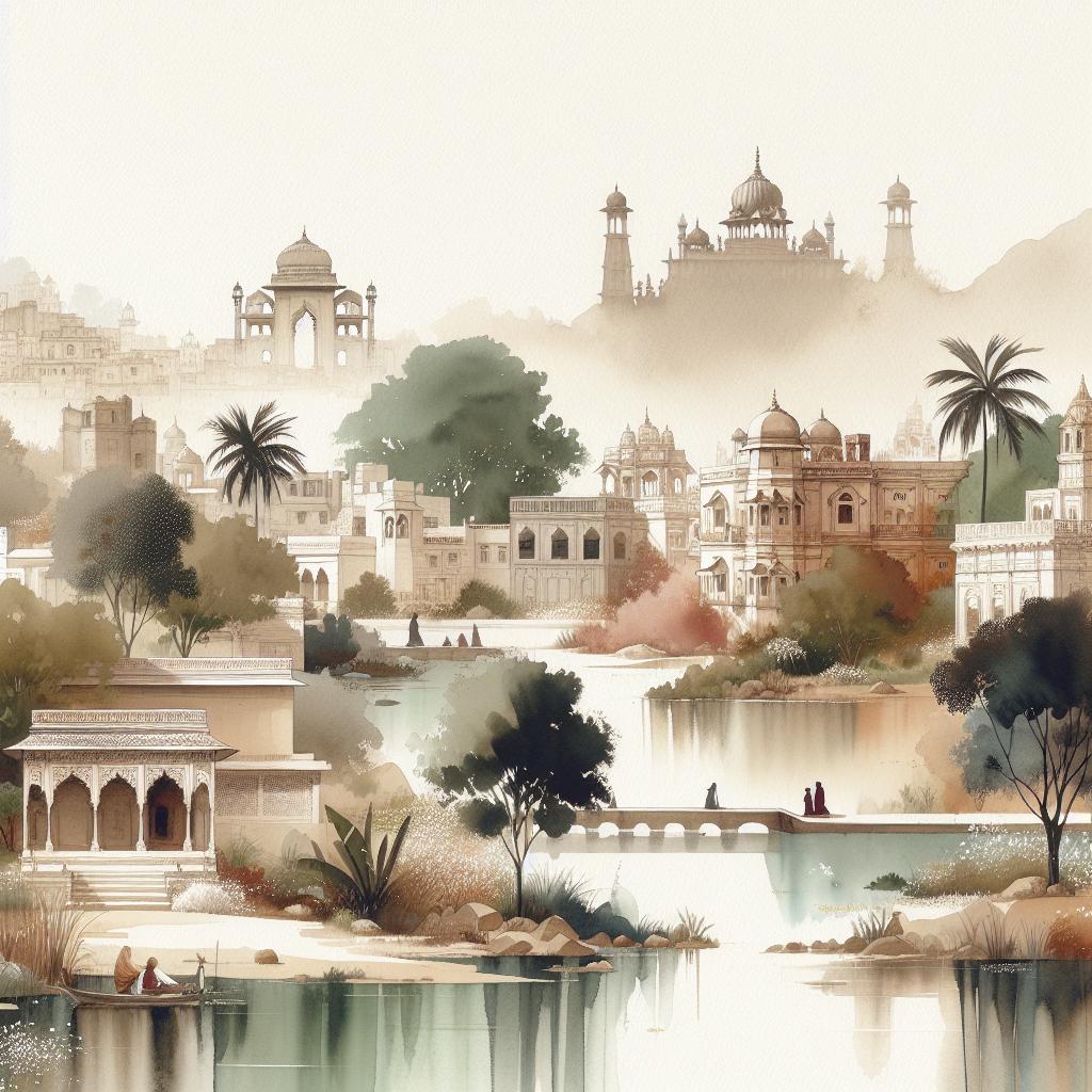 Aureate Pristinam Landscape Art: Watercolor Indian Nature and Cities