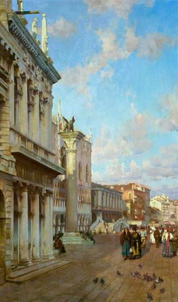 By the Lion of St Mark, Venice by William Logsdail Impressionism Art dated 1885