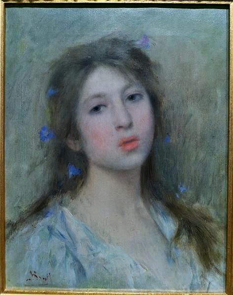 Little girl with blue flowers by Joan Brull Art Nouveau (Modern) Art dated 1890