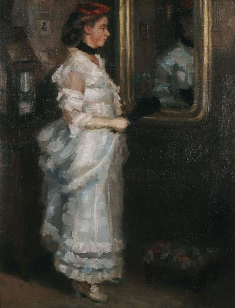 Lady in the mirror with a fan by Pericles Pantazis Impressionism Art dated 1882