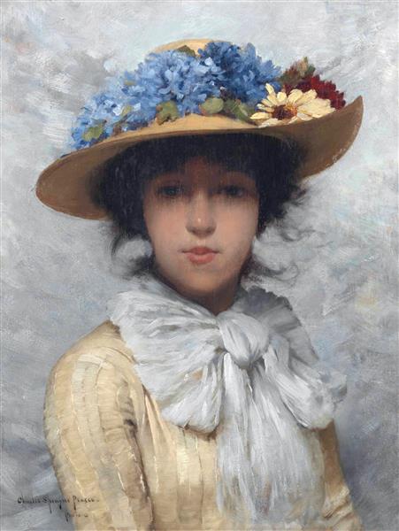 Woman in White Dress and Straw Hat by Charles Sprague Pearce Impressionism Art dated 1880