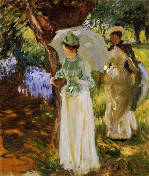 Two Girls with Parasols at Fladbury by John Singer Sargent Impressionism Art dated 1889