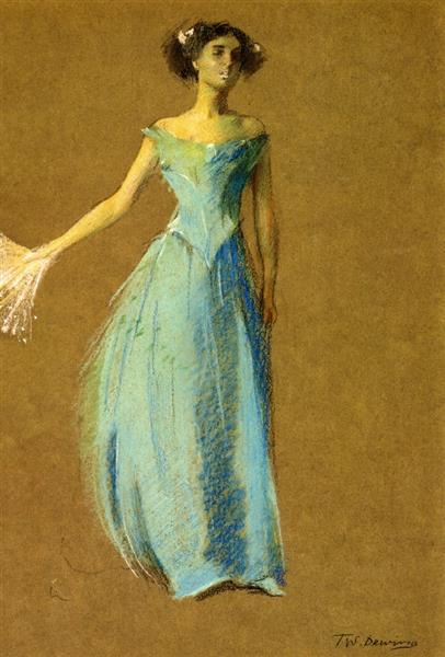 Lady in Blue, Portrait of Annie Lazarus by Thomas Dewing Realism Art dated 1890