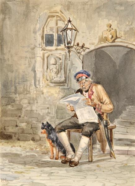 Security guard reading newspaper at the staircase by Hugo M&#252;hlig Impressionism Art dated 1879