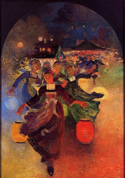 Breton Girls with Chinese Lanterns by Ferdinand du Puigaudeau Neo-Impressionism Art