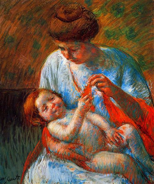 Baby Lying on His Mother s Lap, reaching to hold a scarf by Mary Cassatt Impressionism Art dated 1914