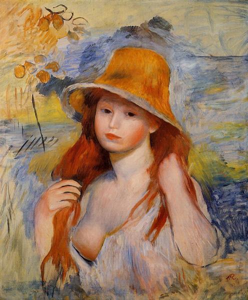 Young Woman in a Straw Hat by Pierre-Auguste Renoir Impressionism Art dated 1884