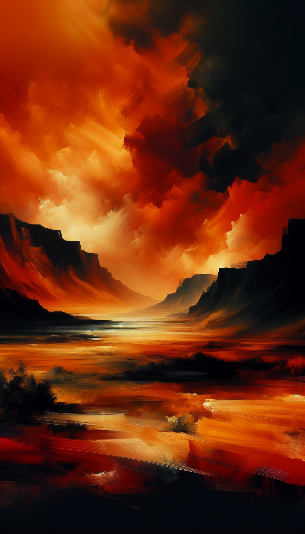 Aurantiaco Nigrum Vastitas - Captivating Orange and Black Landscape Oil Painting