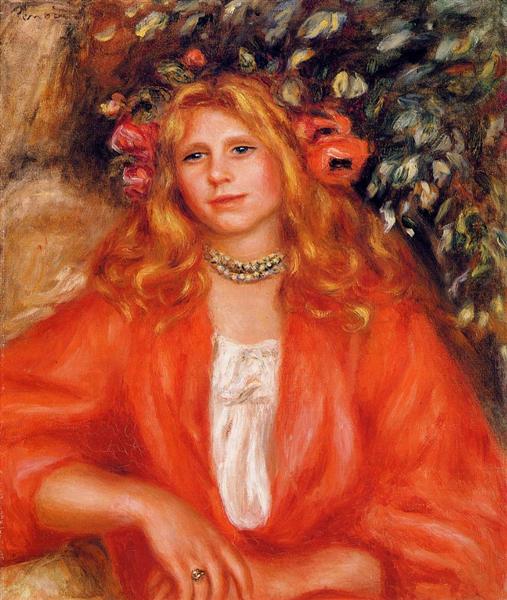 Young Woman Wearing a Garland of Flowers by Pierre-Auguste Renoir Impressionism Art dated 1908