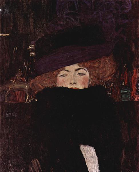 Lady with Hat and Featherboa by Gustav Klimt Art Nouveau (Modern) Art dated 1909