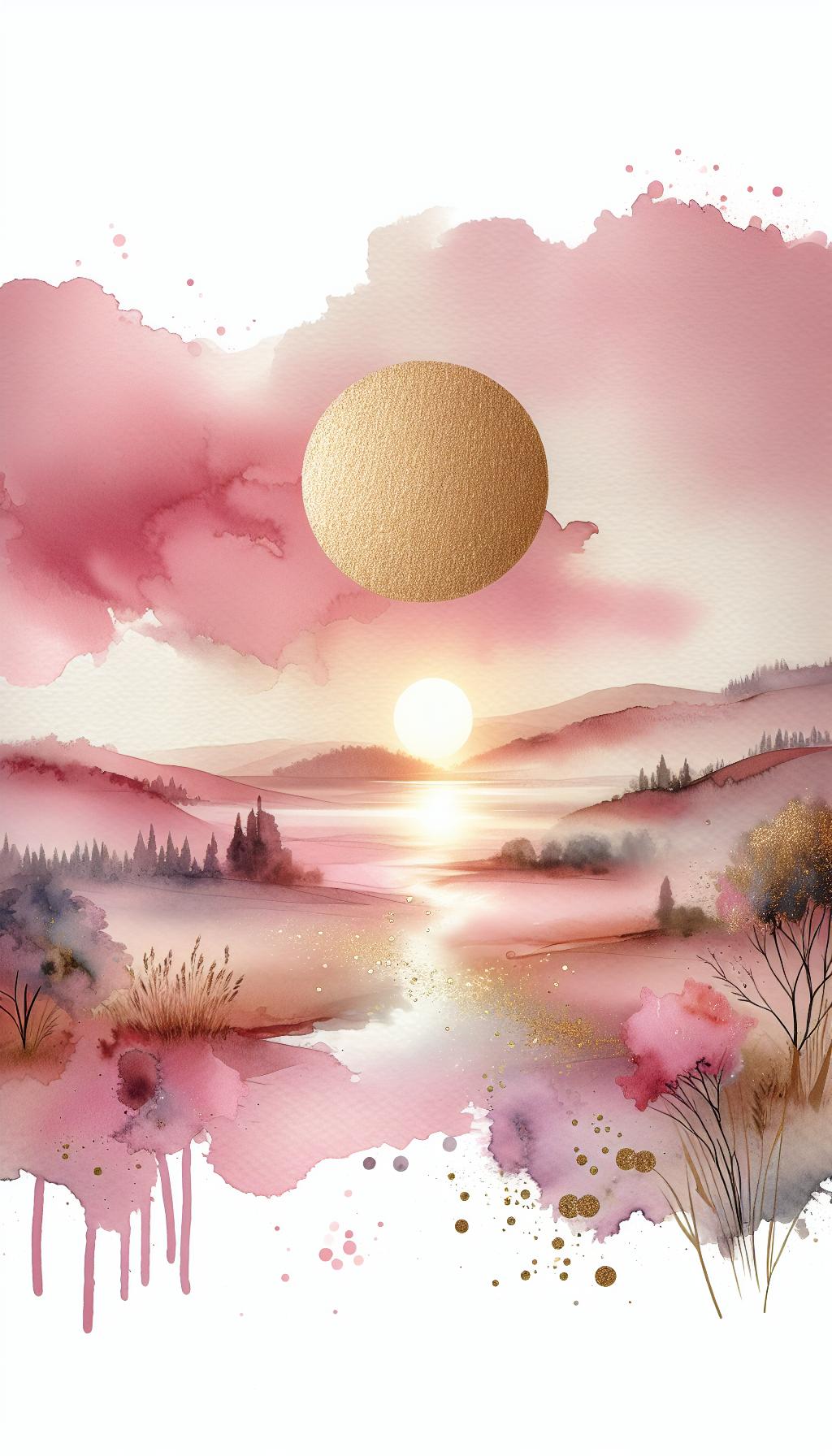 Auroral Pinkum Vistam: Luxuriant Pink and Gold Watercolor Landscape Art