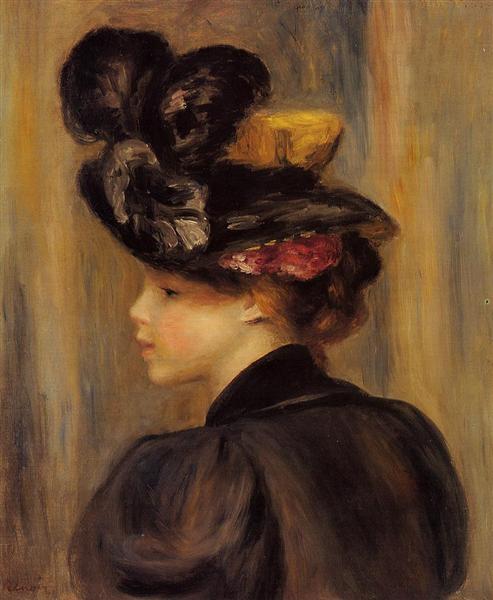 Young Woman Wearing a Black Hat by Pierre-Auguste Renoir Impressionism Art dated 1895