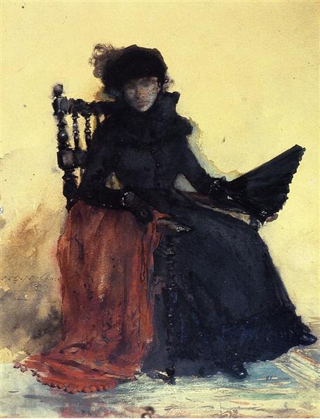 A Lady in Black (aka The Red Shawl) by William Merritt Chase Impressionism Art dated 1883