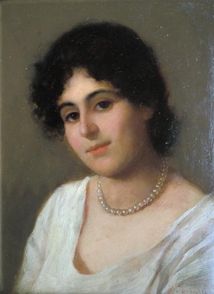 Young woman with pearl necklace by Vittorio Tessari Naturalism Art dated 1891